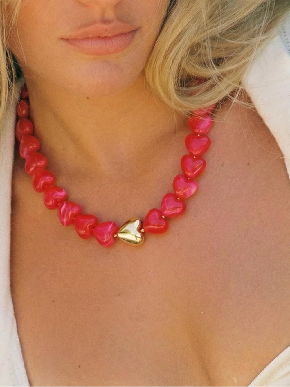 New! Rose Red Heart Bead Dopamine Necklace with Gold Accent - Picture 2 of 5